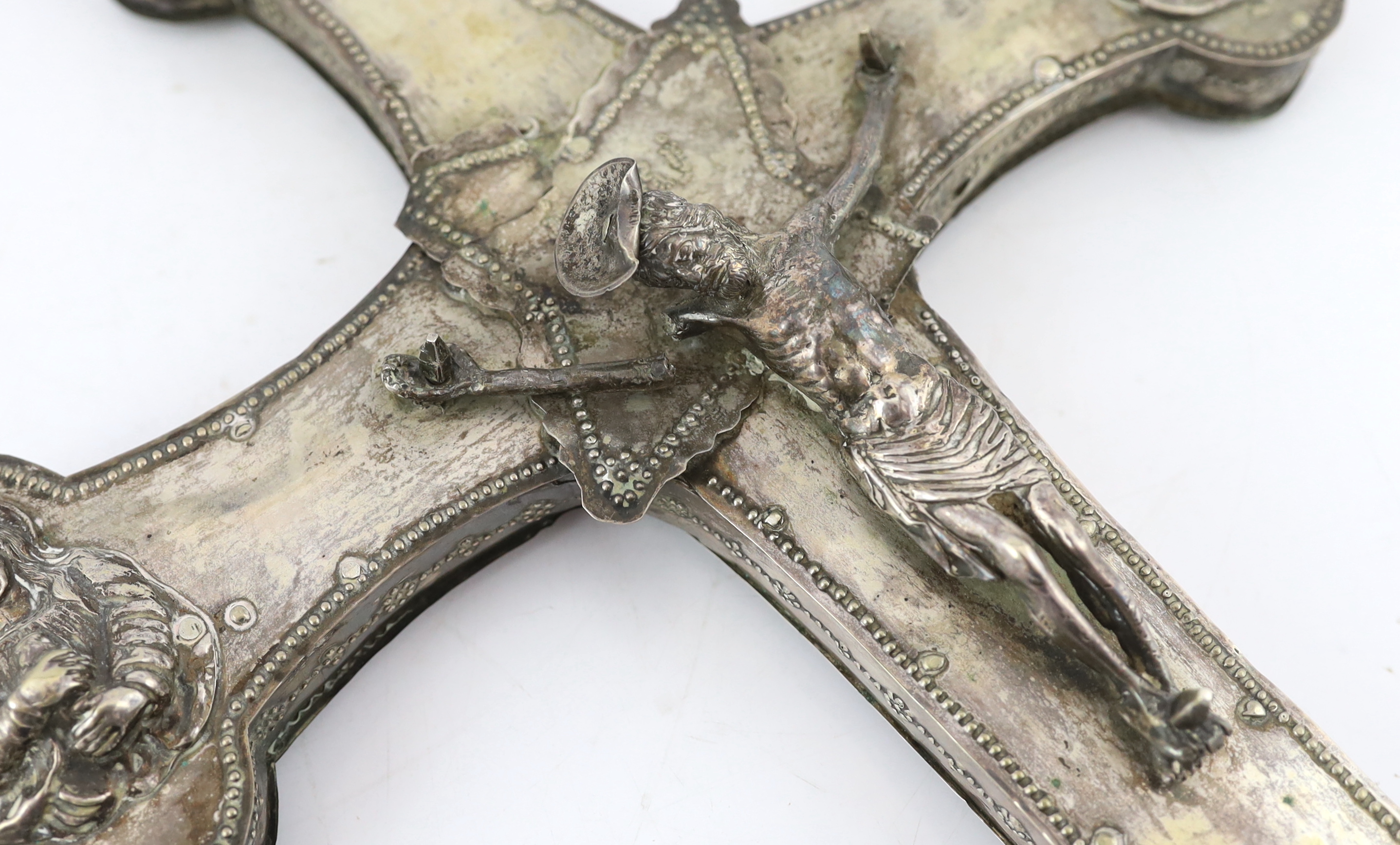 A late 19th / early 20th century continental silver mounted wooden processional crucifix